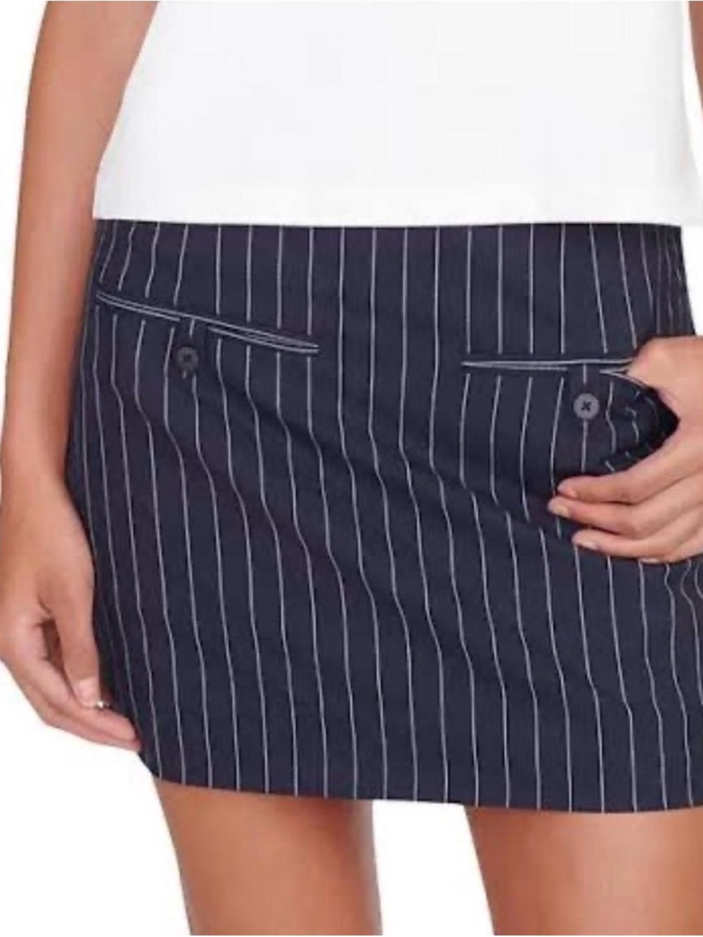STAUD Navy Pinstripe Mini Skirt